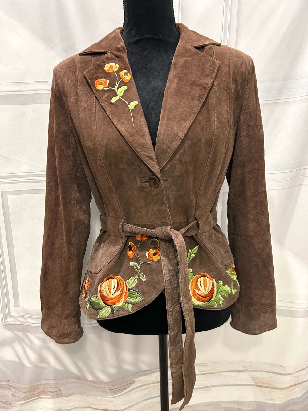 Terry Lewis Classic Luxuries Brown Suede Embroidered Belted Jacket